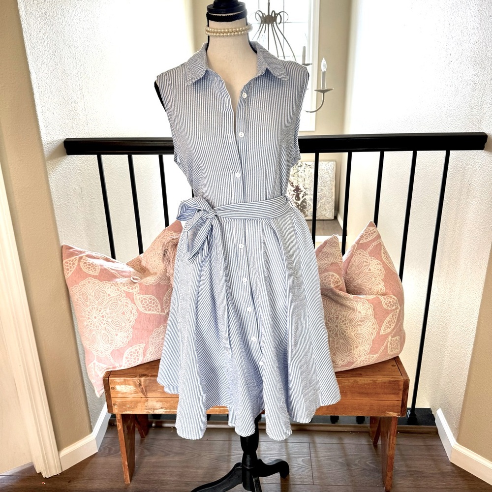 Pinstripe tie dress button front Papillon dress